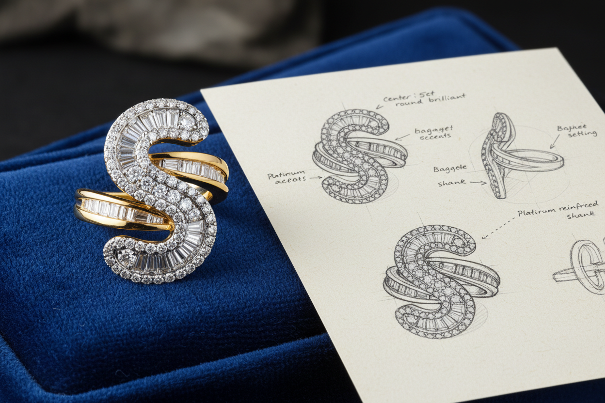 a dimaond ring with some diamonds and a catchy design in gold and beside that design on paper of the same ring