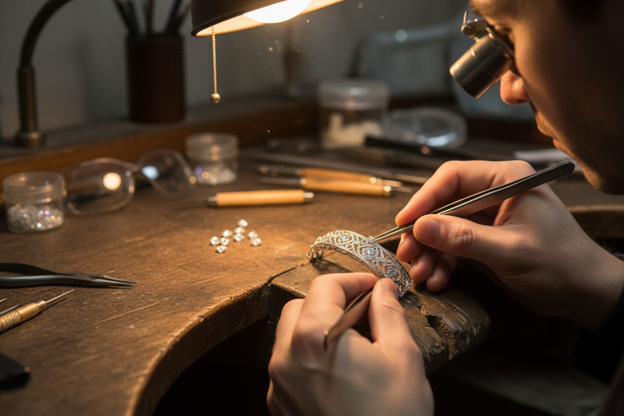 a Man putting diamonds on bracelet - a BTS kind of photo, high quality 