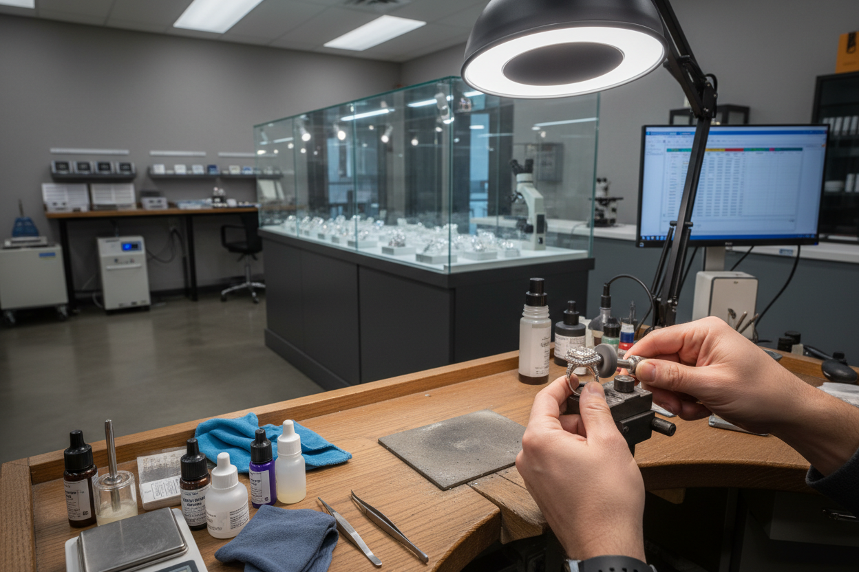 polishing the diamond ring with all the tools - a BTS kind of photo in diamond lab  